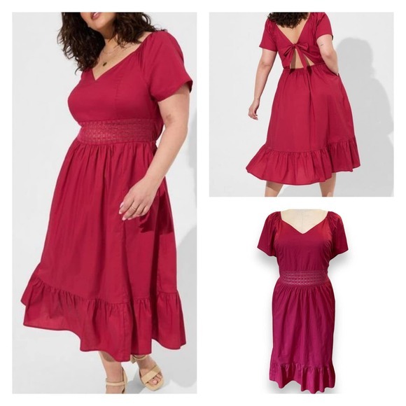 Torrid Plus Size 4 Sexy Berry Poplin Tie Back Sheer‎ Waist Midi Dress w/Pockets - Picture 1 of 1